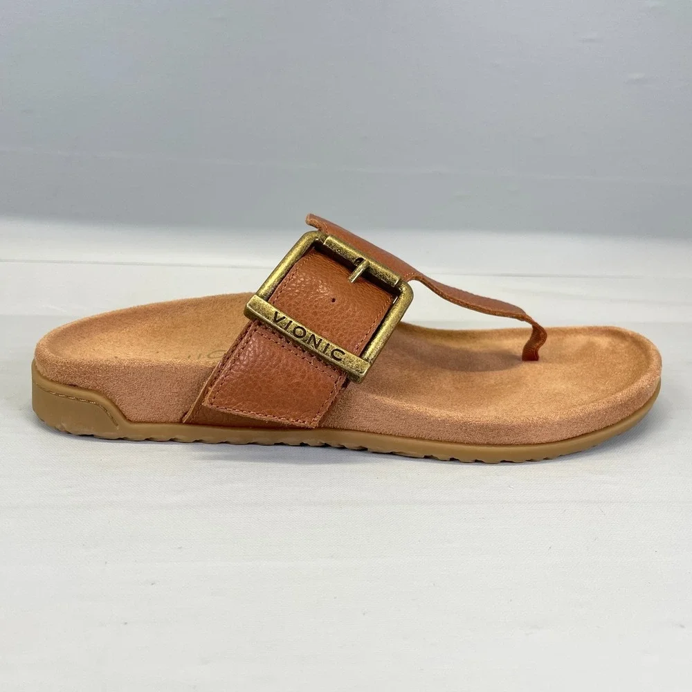 Vionic Emma Sandals Womens Size 6 Wide Tan Brown Pebbled Leather Flip Flop Shoes